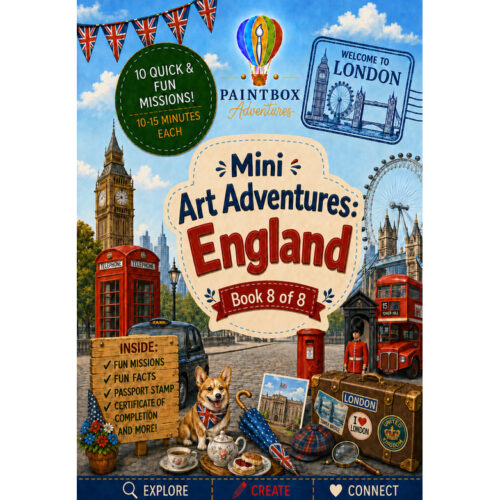 Mini Art Adventures: England book cover featuring London icons like Big Ben, red double-decker buses, and a Corgi at a travel desk; colorful collage for kids' homeschool activity.