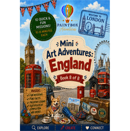England cover, square Mini Art Adventures: England book cover featuring London icons like Big Ben, red double-decker buses, and a Corgi at a travel desk; colorful collage for kids' homeschool activity.