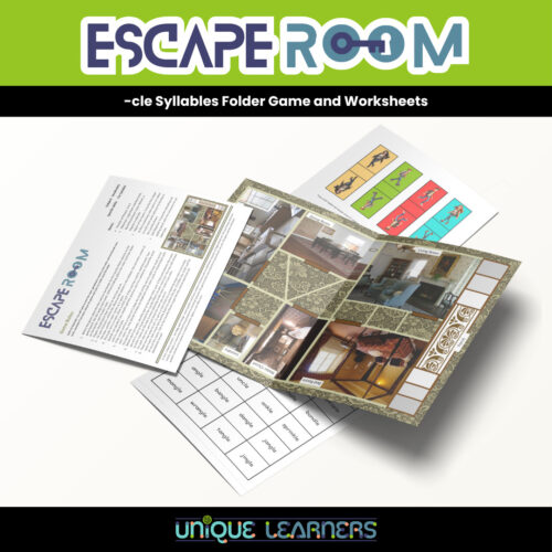 Escape Room_Product_Overview TITLE Homeschool Resource Co. kit with collage pages, colorful word cards and grid worksheets for educational language practice.