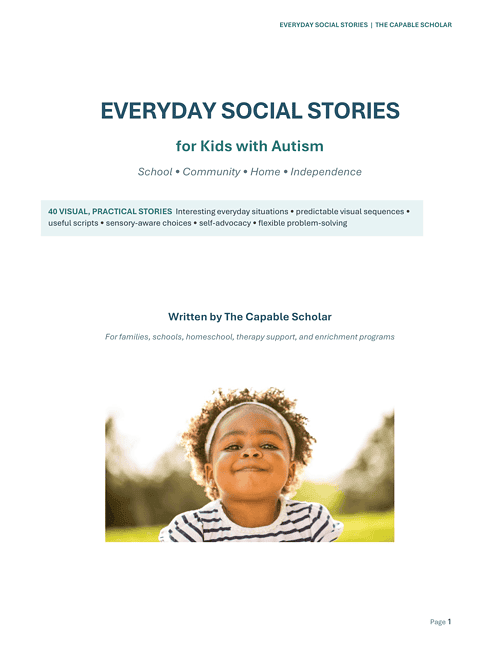 Everyday Social Stories for Kids with Autism Smiling young child with autism outdoors, representing inclusive homeschooling and social stories for children with autism.