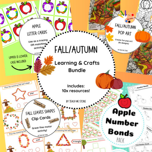 Fall/autumn learning and crafts bundle cover featuring colorful autumn leaves, pumpkins, apples, and printable activity cards for homeschool planning and hands-on learning.