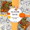 Fall/autumn pop art collage with pumpkins, colorful paint swatches, and abstract doodles; educational art project for homeschoolers.
