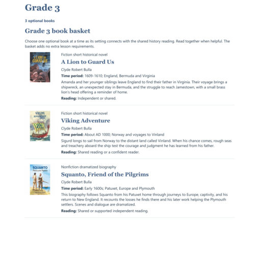 Homeschool resource basket with three grade 3 books including historical novel, adventure, and biography for homeschooling students.