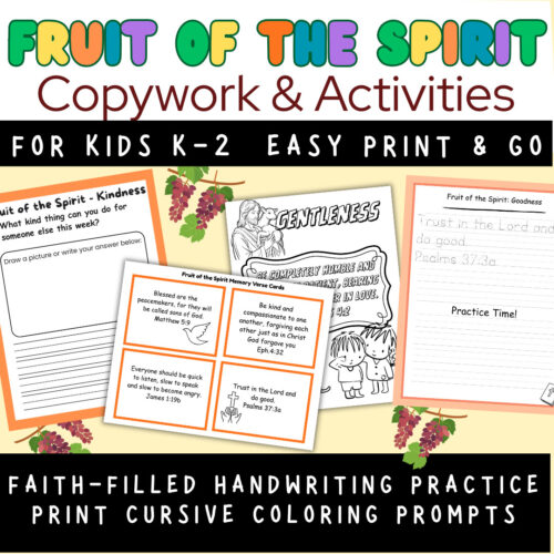 Fruit of the Spirit Cover 1a Colorful educational worksheet for kids featuring faith-based handwriting practice and coloring prompts about the Fruit of the Spirit.