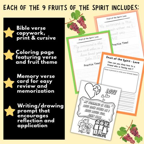 Homeschool resource materials featuring Bible verse copywork, coloring pages, memory cards, and writing prompts with fruit of the Spirit theme.