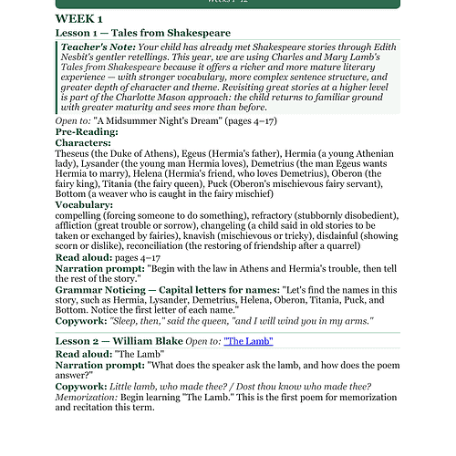 Educational image showing a homeschool lesson plan on Shakespeare for grade 3, including vocabulary and pre-reading activities.