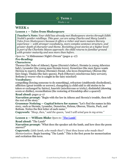 Homeschool Resource Co. Shakespeare Lesson Image Educational image showing a homeschool lesson plan on Shakespeare for grade 3, including vocabulary and pre-reading activities.