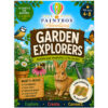 Garden Explorers cover, square Garden Explorers by Paintbox Adventures: kid-friendly garden scene with a bunny, flowers, butterfly, and wooden sign.