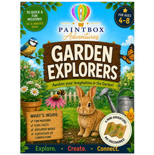 Garden Explorers cover, square Garden Explorers by Paintbox Adventures: kid-friendly garden scene with a bunny, flowers, butterfly, and wooden sign.