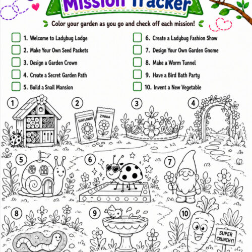 My Garden Mission Tracker image from Homeschool Resource Co. featuring fun garden-themed tasks and illustrations to check off 10 missions for kids.