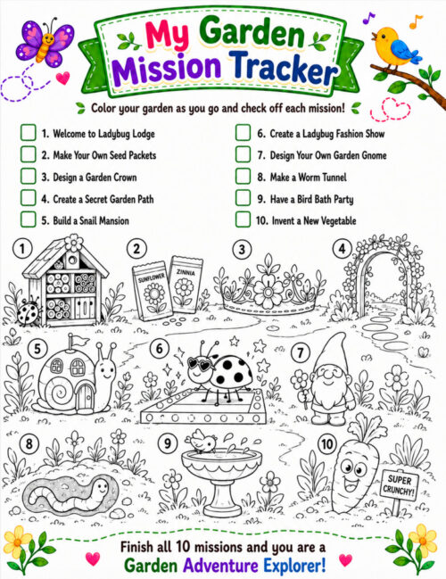 Garden mission tracker My Garden Mission Tracker image from Homeschool Resource Co. featuring fun garden-themed tasks and illustrations to check off 10 missions for kids.
