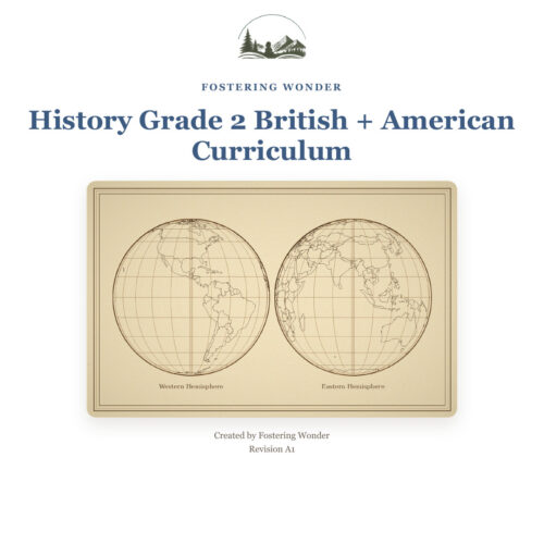 History Grade 2 British American Curriculum Educational map of Western and Eastern Hemispheres for Grade 2 history curriculum by Fostering Wonder.