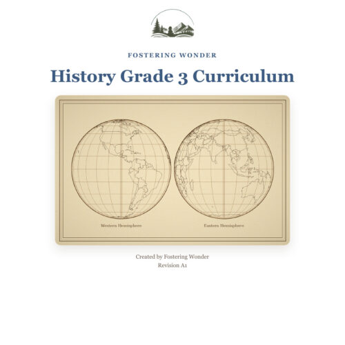 History Grade 3 Curriculum Cover Cover of History Grade 3 Curriculum by Fostering Wonder featuring world maps of Western and Eastern Hemispheres.
