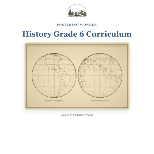 History Grade 6 Curriculum Cover Cover of History Grade 6 Curriculum featuring world maps of Western and Eastern Hemispheres for homeschooling.