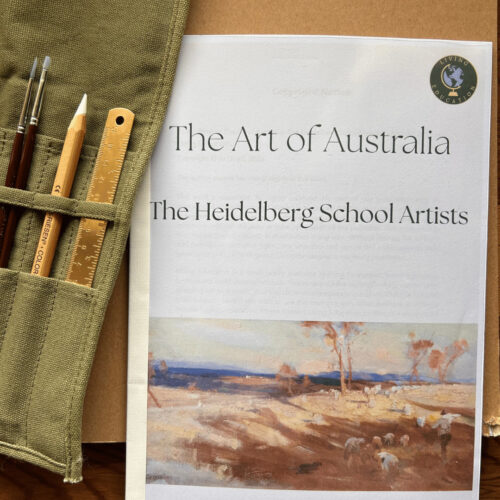 Heidelberg Cover The Art of Australia: Heidelberg School Artists book with landscape painting image in a wooden desk setting, educational resource for homeschool learning.