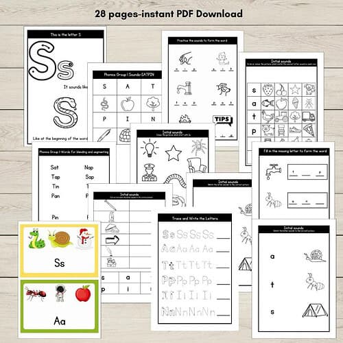 Collection of homeschool educational worksheets and activities for early learning, focusing on the letter S and sound recognition.