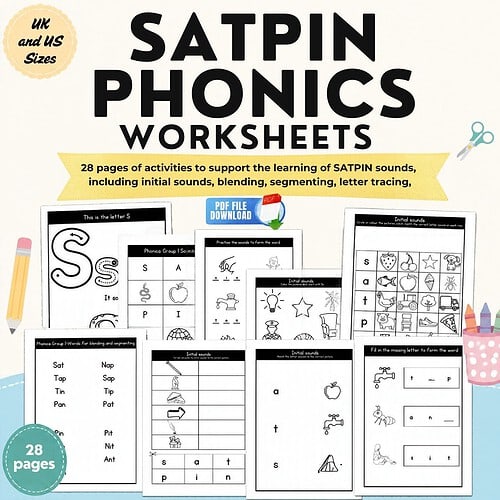 Homeschool Resource Co. SATPIN Phonics Worksheets for early reading skills, featuring activities like initial sounds, blending, segmenting, and letter tracing.