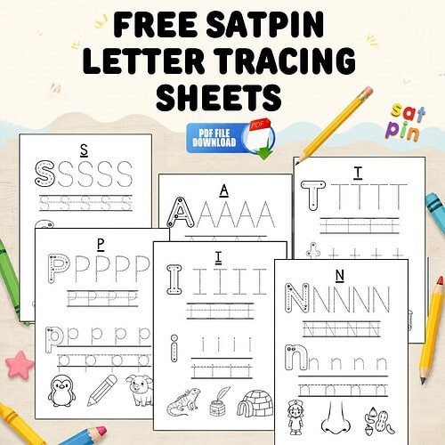 SATPIN Letter Tracing Sheets Free homeschool satpin letter tracing sheets for early learners, featuring uppercase and lowercase letters with fun illustrations.
