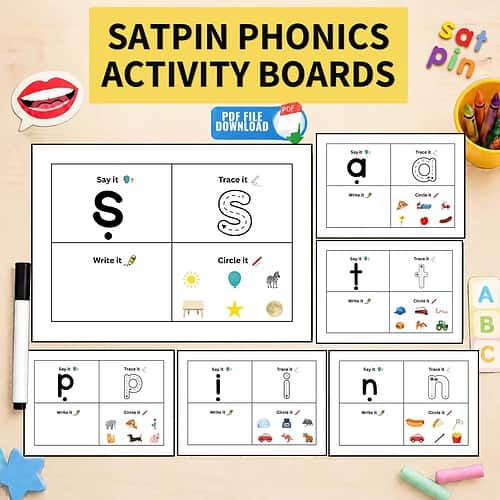 Satpin phonics activity boards for early reading and phonics practice, featuring letter sounds, tracing, writing, and circle activities for preschool learners.