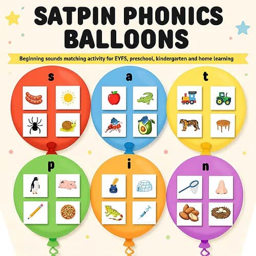SATPIN Phonics Beginning Sounds Balloon Game Satpin phonics balloons for early childhood learning with images of animals, objects, and sounds matching activity.