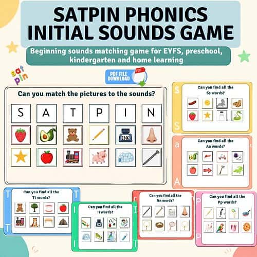 SATPIN Phonics Game Homeschool Resource Co. SATPIN Phonics Initial Sounds Game for early childhood education and home learning.