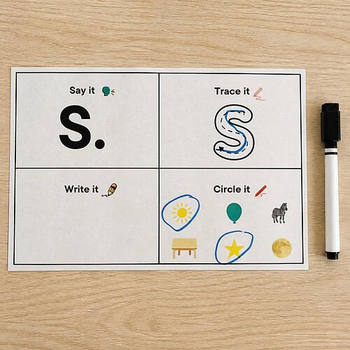 Educational worksheet for learning the letter S with activities: say, trace, write, and circle.