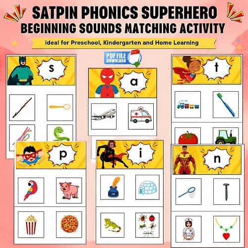 Homeschool resource activity for beginning sounds matching with superhero theme for preschool and kindergarten.