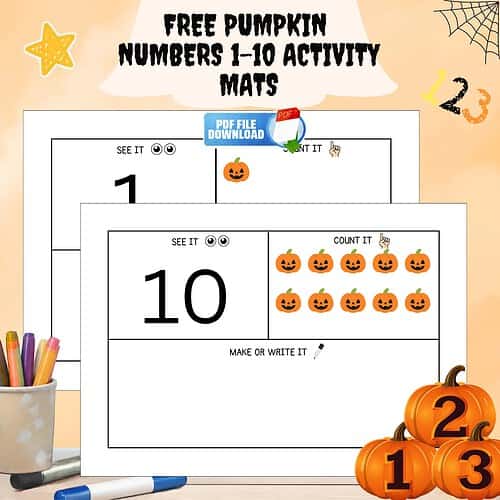 FREE Halloween Pumpkin Number Mats 1–10! Free pumpkin-themed numbers 1-10 activity mats for homeschooling or classroom use, featuring counting, number recognition, and writing practice with Halloween decorations.