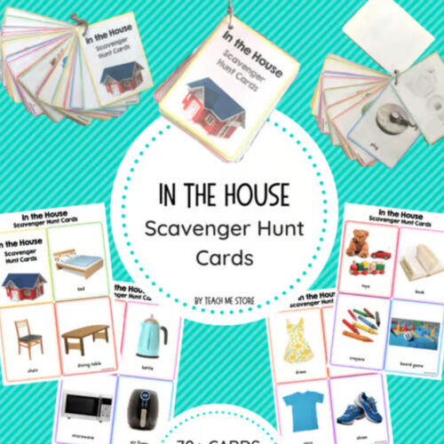 House scavenger TPT In the House Scavenger Hunt Cards set featuring colorful flashcards and classroom images for homeschool activities.