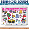 I Spy Beginning Sounds COVER copy Educational classroom poster for beginning sounds with colorful images of objects and clothing items for phonemic awareness.