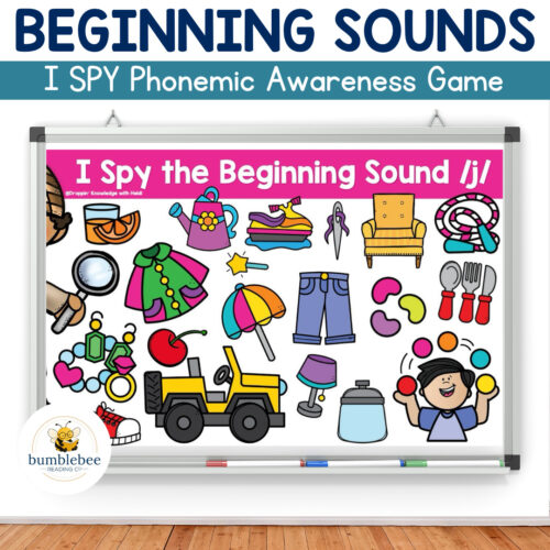 I Spy Beginning Sounds COVER copy Educational classroom poster for beginning sounds with colorful images of objects and clothing items for phonemic awareness.