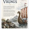 Vikings Mini Study Vikings mini study illustration showing a longship with striped sail near rocky shore, shields, and helmeted warrior artifacts, ocean and mountains in the background.