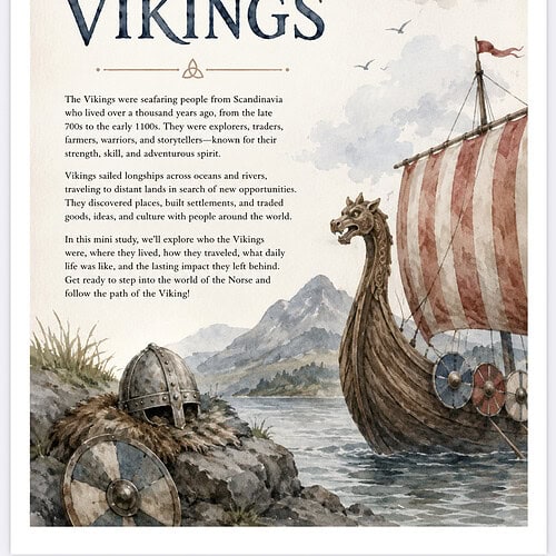Vikings mini study illustration showing a longship with striped sail near rocky shore, shields, and helmeted warrior artifacts, ocean and mountains in the background.