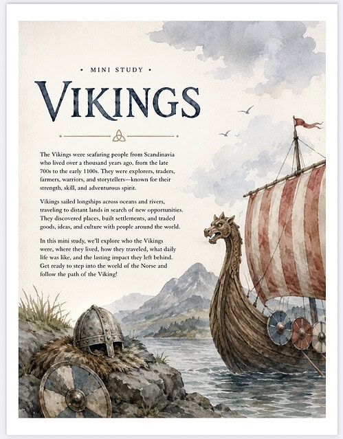 Vikings Mini Study Vikings mini study illustration showing a longship with striped sail near rocky shore, shields, and helmeted warrior artifacts, ocean and mountains in the background.
