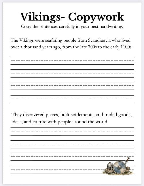 Seafaring History Viking seafaring copywork page with decorative shield and helm image for homeschool resources.