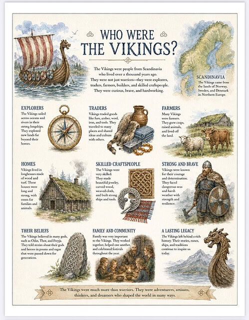 Who Were the Vikings? Educational infographic titled Who Were the Vikings? depicting explorers, traders, farmers, skilled craftspeople, homes, beliefs, family and community, a lasting legacy, and Viking warriors in a styl0.