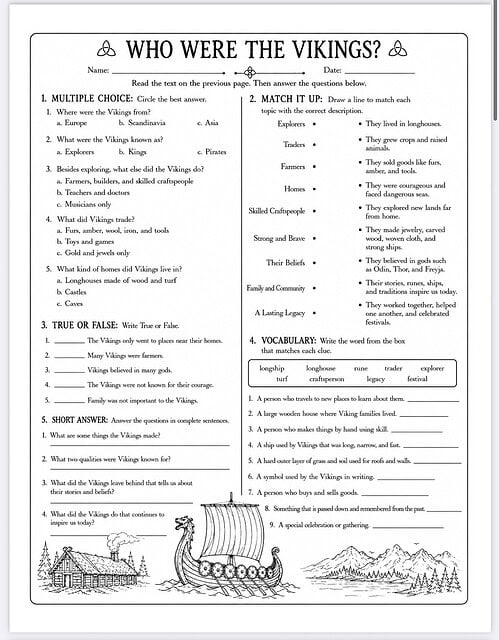 Homeschool Viking Quiz Image Illustration of a Viking ship with a Latin-sailed sailboat, historical quiz layout, and decorative border for educational content from Homeschool Resource Co.