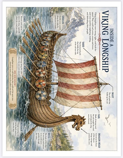 Homeschool Resource Co. Viking Longship Detailed illustration of a Viking longship with shields along the hull, oars extended, and a striped sail on rough seas.