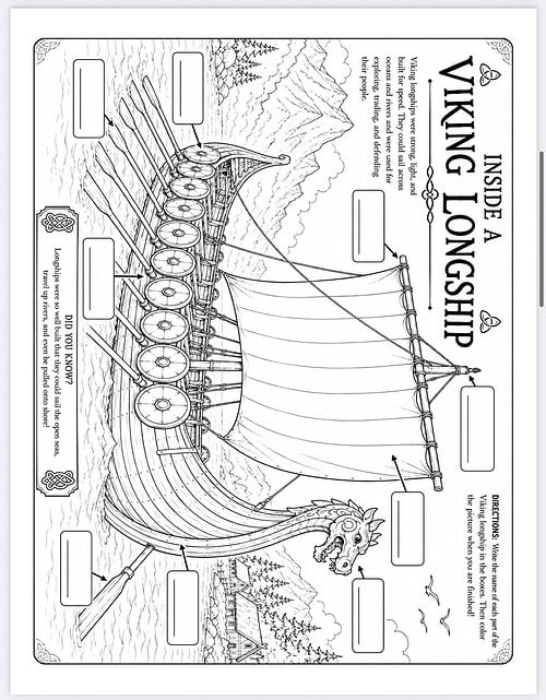 Viking Longship coloring resource Coloring page of a Viking longship with shields along the side, sails full, and a dragon-headed prow set against a northern seascape.