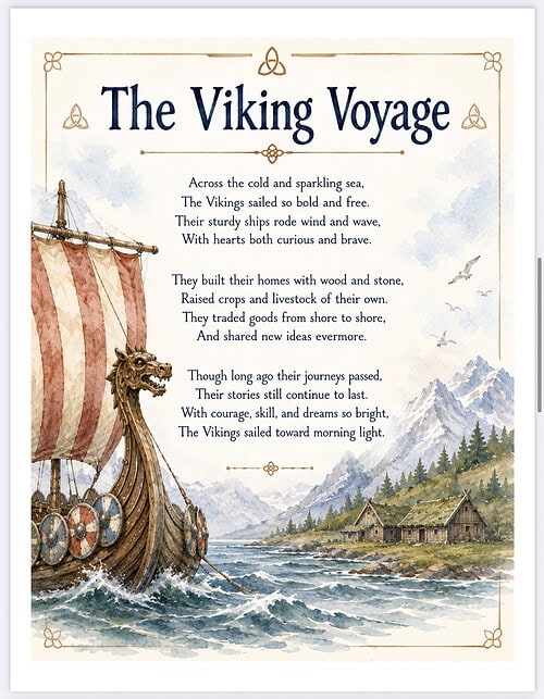 The Viking Voyage - Image Illustration of a Viking longship sailing near a coastline with mountains and a coastal village, warm watercolor tones, historical voyage theme.