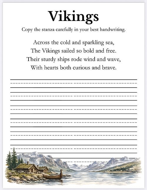 Vikings Stanza Concept Vikings poem page header with lined manuscript and a watercolor landscape featuring a ship and mountains.