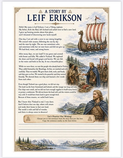 Homeschool Resource Co. Storyboard Image A historical voyage illustration titled A Story by Leif Erikson, showing Viking ships, explorers, and a coastline, with a text-heavy page and a practice writing section at the bottom.