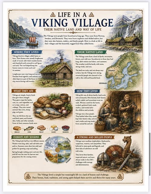 Viking Village infographic Illustration of a Viking village with native land, lifestyle, food, and people in a maritime Nordic setting.