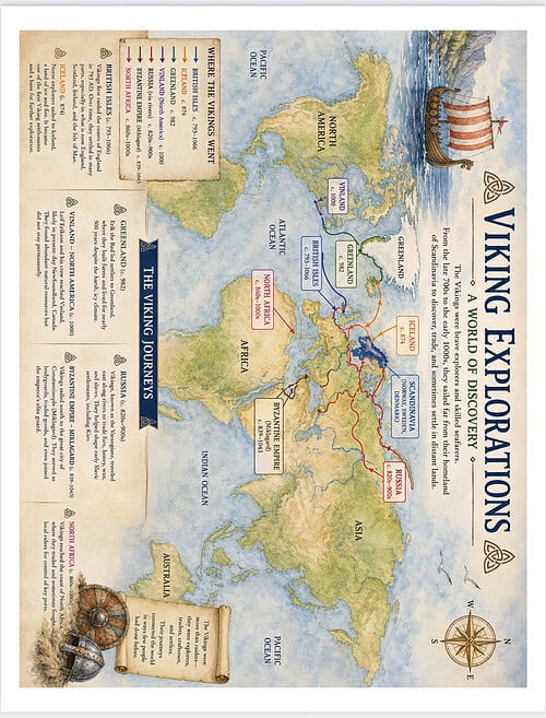 Viking Explorations Map Historical map illustrating Viking explorations across Europe and the North Atlantic with route lines, legends, and compass rose.