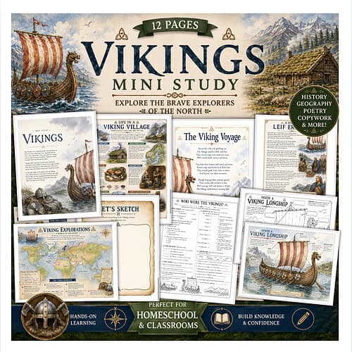 Vikings Mini Study Cover Vikings mini study pack by Homeschool Resource Co. featuring ship, village, and map visuals for hands-on learning about Viking explorers and longships.