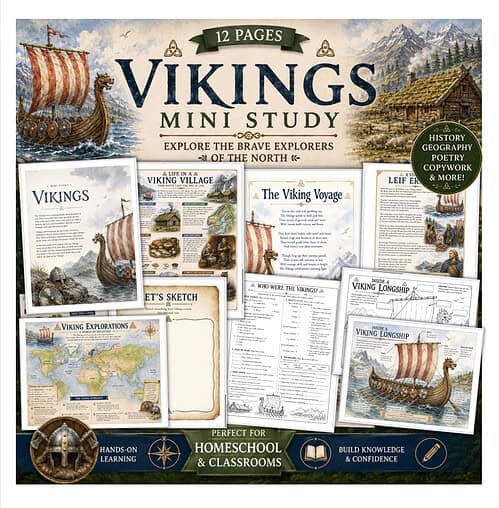 Vikings Mini Study Cover Vikings mini study pack by Homeschool Resource Co. featuring ship, village, and map visuals for hands-on learning about Viking explorers and longships.