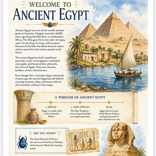 Ancient Egypt scene with pyramids, Nile river, boat, and pyramids backdrop.