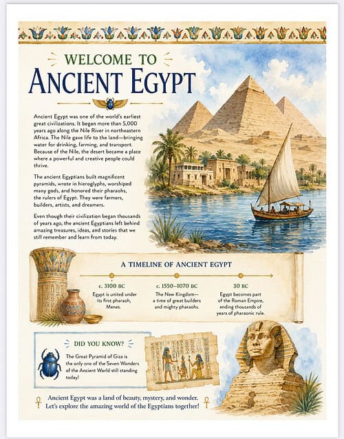 Ancient Egypt Overview Ancient Egypt scene with pyramids, Nile river, boat, and pyramids backdrop.