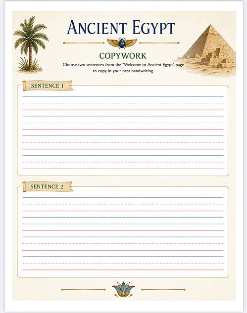 Ancient Egypt Copywork Worksheet Ancient Egypt copywork worksheet featuring palm tree and pyramids for homeschool handwriting practice.