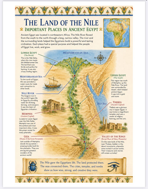 The Land of the Nile - Ancient Places Map Illustrated map of ancient Egypt and Nile River regions with labeled locations and sea routes.